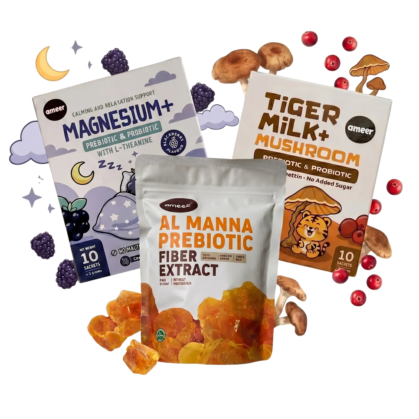 Ameer products: Magnesium+, Al Manna Prebiotic, and Tigermilk+